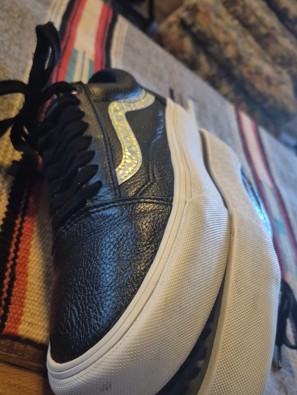 Vans Old Skool Irridised Racing Stripe Black Leather Womens Sz.8. VGC.(#1063sh)